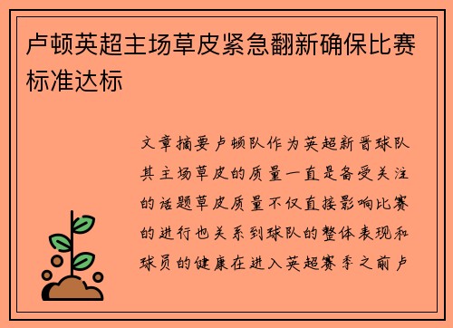 卢顿英超主场草皮紧急翻新确保比赛标准达标 卢顿英超主场草皮紧急翻新确保比赛标准达标